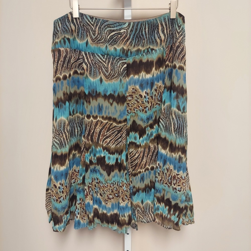 Christopher & Banks Blue Brown Animal Print Midi Skirt Size 12 Abstract Bohemian